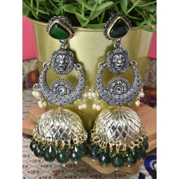 MEIRA JEWELLERY German Silver-Plated Stones Studded & Pearls Beaded Dome Jhumkas-picture-20