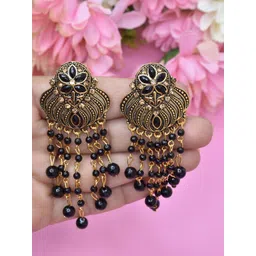 MEIRA JEWELLERY Gold-Plated Artificial Stones Studded & Beaded Contemporary Drop Earrings-picture-14