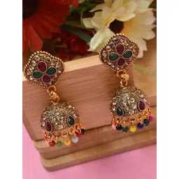 MEIRA JEWELLERY Gold-Plated Artificial Stones Studded And Beaded Dome Shaped Jhumkas-picture-10
