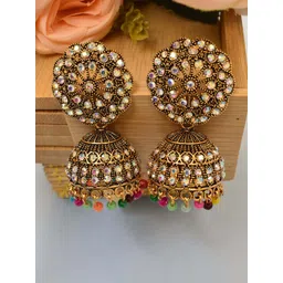 MEIRA JEWELLERY Gold Plated Artificial Stones Studded And Beaded Dome Shaped Jhumkas-picture-17