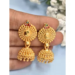 MEIRA JEWELLERY Gold Toned Artificial Stone Studded And Beaded Dome Shaped Jhumkas-picture-31