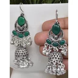 MEIRA JEWELLERY Set Of 2 German Silver-Plated Emerald Studded Dome Shaped Jhumkas-picture-40