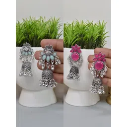 MEIRA JEWELLERY Set Of 2 German Silver-Plated Stones Studded & Beaded Dome Jhumkas-picture-37