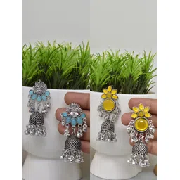 MEIRA JEWELLERY Set Of 2 German Silver-Plated Stones Studded & Beaded Dome Jhumkas-picture-18