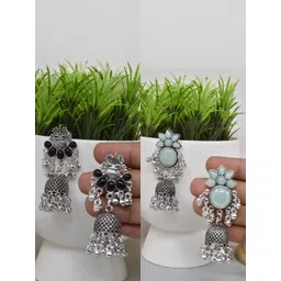 MEIRA JEWELLERY Set Of 2 German Silver-Plated Stones Studded & Beaded Dome Jhumkas-picture-20