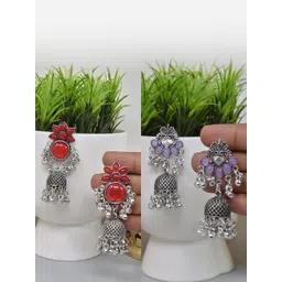 MEIRA JEWELLERY Set Of 2 German Silver-Plated Stones Studded & Beaded Dome Jhumkas-picture-21