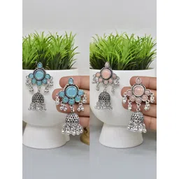 MEIRA JEWELLERY Set Of 2 German Silver Plated Stones Studded & Beaded Dome Shaped Jhumkas-picture-33