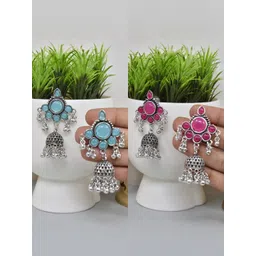 MEIRA JEWELLERY Set Of 2 German Silver Plated Stones Studded & Beaded Dome Shaped Jhumkas-picture-35