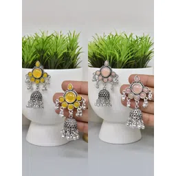 MEIRA JEWELLERY Set Of 2 German Silver-Plated Stones Studded Oxidised Dome Shaped Jhumkas-picture-29