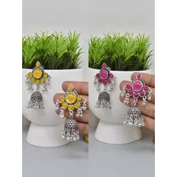 MEIRA JEWELLERY Set Of 2 German Silver-Plated Stones Studded Oxidised Dome Shaped Jhumkas-picture-31