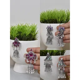 MEIRA JEWELLERY Set Of 2 Silver-Plated Dome Shaped Jhumkas-picture-28