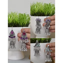 MEIRA JEWELLERY Set Of 2 Silver-Plated Dome Shaped Jhumkas-picture-24