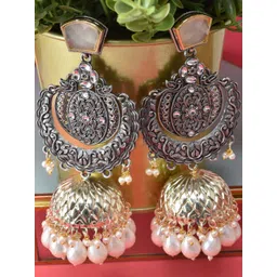MEIRA JEWELLERY Silver Plated Artificial Stones Studded And Beaded Dome Oxidised Jhumkas-picture-34