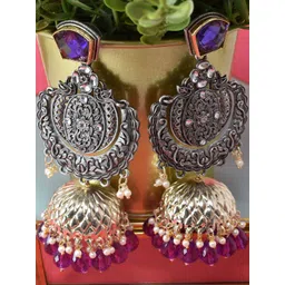 MEIRA JEWELLERY Silver Plated Artificial Stones Studded And Beaded Dome Oxidised Jhumkas-picture-26