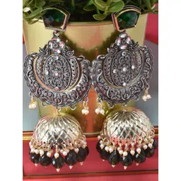 MEIRA JEWELLERY Silver Plated Artificial Stones Studded And Beaded Dome Oxidised Jhumkas-picture-17