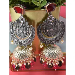 MEIRA JEWELLERY Silver Plated Artificial Stones Studded And Beaded Dome Oxidised Jhumkas-picture-38