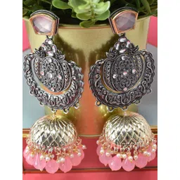 MEIRA JEWELLERY Silver Plated Artificial Stones Studded And Beaded Dome Oxidised Jhumkas-picture-12