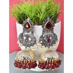 MEIRA JEWELLERY Silver Plated Artificial Stones Studded And Beaded Dome Oxidised Jhumkas-picture-41
