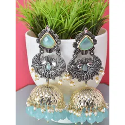 MEIRA JEWELLERY Silver Plated Artificial Stones Studded And Beaded Dome Oxidised Jhumkas-picture-36