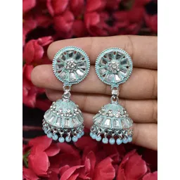 MEIRA JEWELLERY Silver-Plated Artificial Stones Studded and Beaded Dome Shaped Jhumkas-picture-18