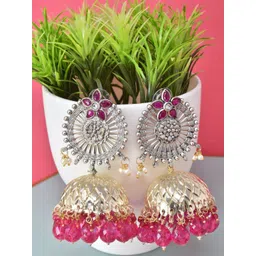 MEIRA JEWELLERY Silver Plated Artificial Stones Studded And Beaded Dome Shaped Jhumkas-picture-37