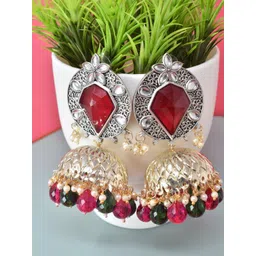 MEIRA JEWELLERY Silver Plated Artificial Stones Studded And Beaded Dome Shaped Jhumkas-picture-13