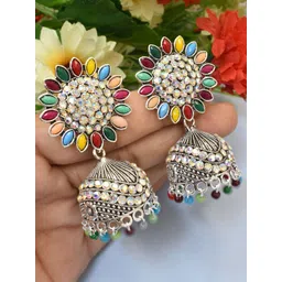MEIRA JEWELLERY Silver-Plated Artificial Stones Studded And Beaded Dome Shaped Jhumkas-picture-15