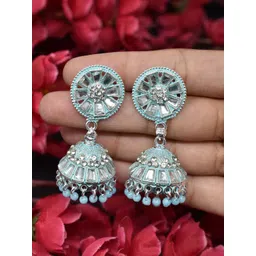 MEIRA JEWELLERY Silver-Plated Artificial Stones Studded And Beaded Dome Shaped Jhumkas-picture-29