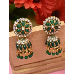 MEIRA JEWELLERY Silver-Plated Artificial Stones Studded And Beaded Dome Shaped Jhumkas-picture-20