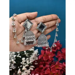 MEIRA JEWELLERY Silver-Plated Artificial Stones Studded & Beaded Dome Shaped Jhumkas-picture-11