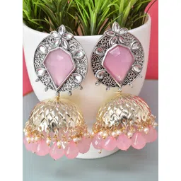 MEIRA JEWELLERY Silver-Plated Stones Studded And Beaded Dome Shaped Jhumkas-picture-24