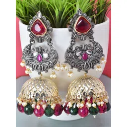 MEIRA JEWELLERY Silver-Plated Stones Studded & Beaded Oxidised Dome Shaped Jhumkas-picture-14