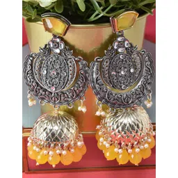 MEIRA JEWELLERY Silver-Plated Stones Studded & Beaded Oxidised Dome Shaped Jhumkas-picture-28