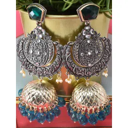 MEIRA JEWELLERY Silver-Plated Stones Studded & Beaded Oxidised Dome Shaped Jhumkas-picture-22