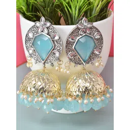 MEIRA JEWELLERY Silver-Plated Stones Studded & Beaded Oxidised Dome Shaped Jhumkas-picture-29