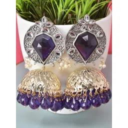 MEIRA JEWELLERY Silver-Plated Stones Studded & Beaded Oxidised Dome Shaped Jhumkas-picture-35