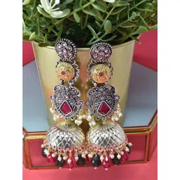 MEIRA JEWELLERY Silver-Plated Stones Studded & Beaded Oxidised Dome Shaped Jhumkas-picture-15