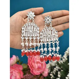 MEIRA JEWELLERY Silver-Plated Stones Studded & Beaded Tasselled Floral Drop Earrings-picture-32