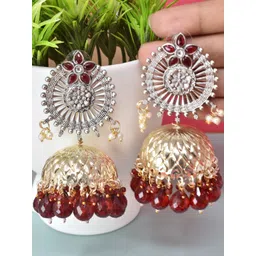 MEIRA JEWELLERY Silver-Plated Stones Studded & Pearls Beaded Dome Jhumkas-picture-12