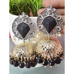 MEIRA JEWELLERY Silver-Plated Stones Studded & Pearls Beaded Dome Jhumkas image 2