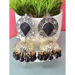 MEIRA JEWELLERY Silver-Plated Stones Studded & Pearls Beaded Dome Jhumkas image 1