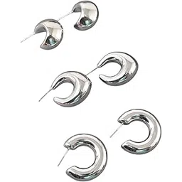 meira jewellery Silver-Plated Set of 3 Hoop Earrings for Women and Girls, Stylish Chunky Jewellery, Modern Fashion Lightweight Combo Earrings with Attractive Design for Casual and Party Outfit-25 image 1