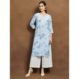Melange By Lifestyle Blue Regular Fit Floral Print Kurta-picture-10