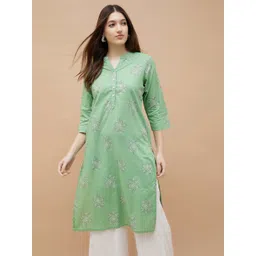 Melange by Lifestyle Floral Printed Mandarin Collar Pure Cotton Straight Kurta-picture-38