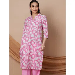 Melange by Lifestyle Floral Printed Mandarin Collar Straight Pure Cotton Kurta-picture-42