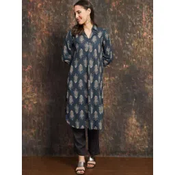 Melange By Lifestyle Indigo Cotton Regular Fit Printed Kurta-picture-44