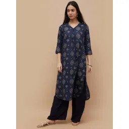 Melange By Lifestyle Indigo Cotton Regular Fit Printed Kurta-picture-33