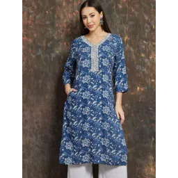 Melange By Lifestyle Indigo Regular Fit Floral Print Kurta-picture-14