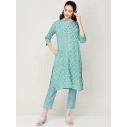 Melange by Lifestyle Women Blue Floral Printed Pure Cotton Kurta with Trousers-picture-36