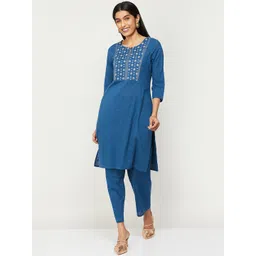 Melange by Lifestyle Women Embroidered Pure Cotton Kurta with Trousers-picture-21